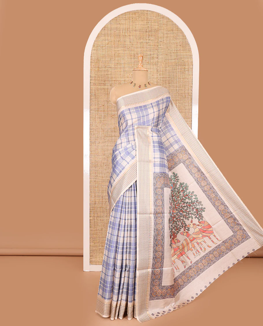 Blue checked patterned semi-tussar saree with contrast temple striped border, Madhubani printed pallu, and a contrast printed blouse - Image 4