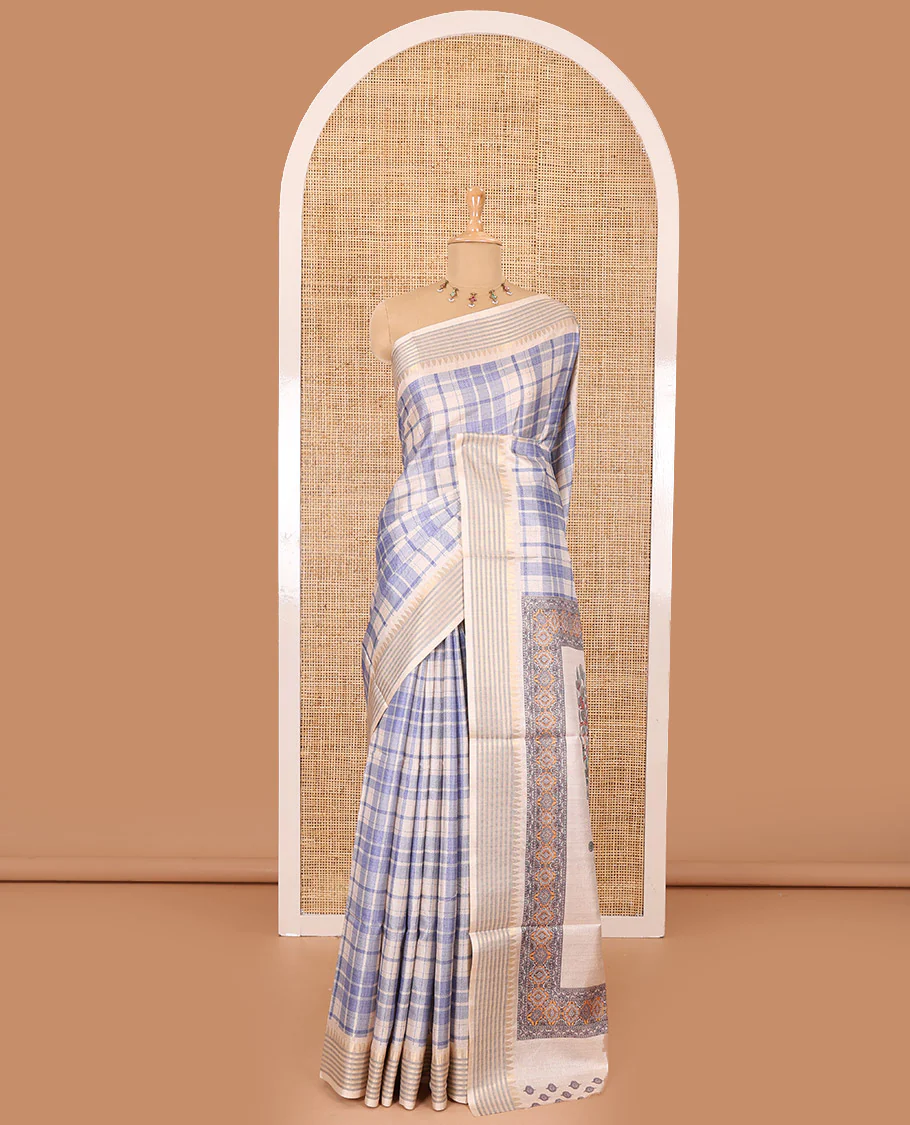 Blue checked patterned semi-tussar saree with contrast temple striped border, Madhubani printed pallu, and a contrast printed blouse - Image 5
