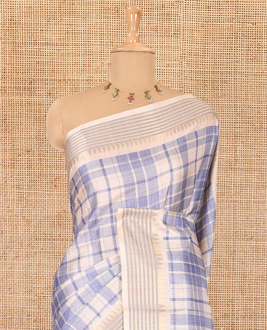 Blue checked patterned semi-tussar saree with contrast temple striped border, Madhubani printed pallu, and a contrast printed blouse - Image 6