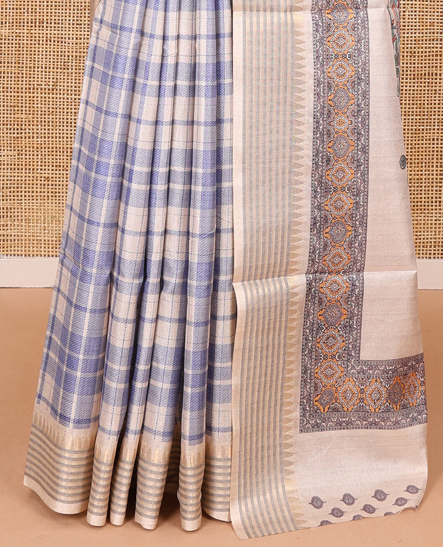 Blue checked patterned semi-tussar saree with contrast temple striped border, Madhubani printed pallu, and a contrast printed blouse - Image 7