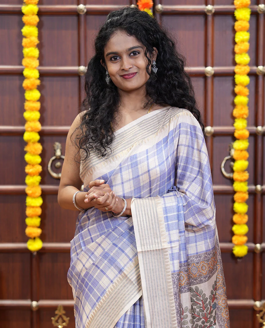 Blue checked patterned semi-tussar saree with contrast temple striped border, Madhubani printed pallu, and a contrast printed blouse - Image 9