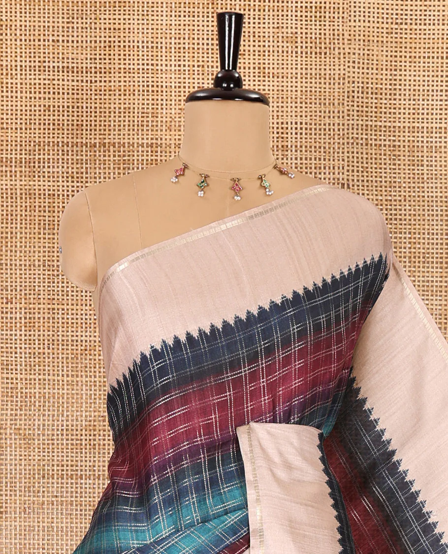 Blue checked semi-tussar saree, contrast temple border, contrast plain pallu, and a contrast plain blouse - Image 2