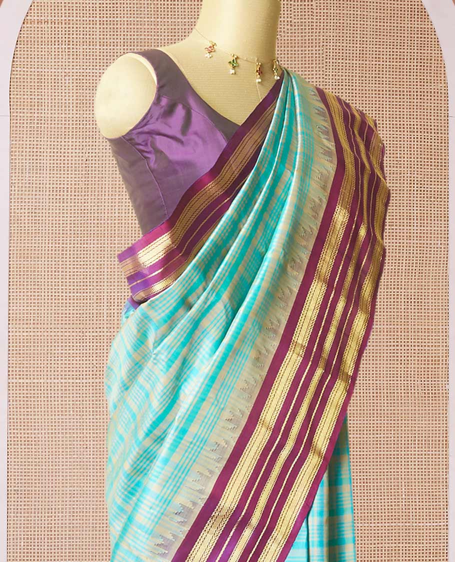 Blue checked woven gadwal silk saree, contrast vidarbha traditional zari border & pallu of zari stripes - Image 3