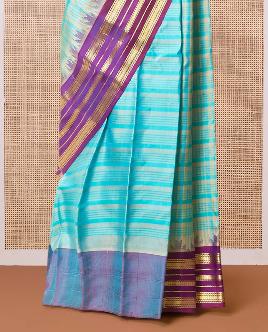 Blue checked woven gadwal silk saree, contrast vidarbha traditional zari border & pallu of zari stripes - Image 4