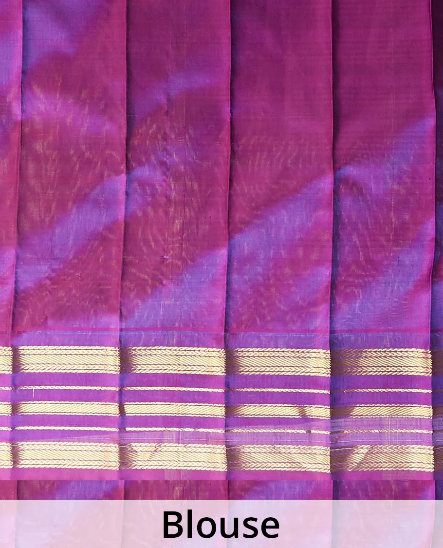 Blue checked woven gadwal silk saree, contrast vidarbha traditional zari border & pallu of zari stripes - Image 5