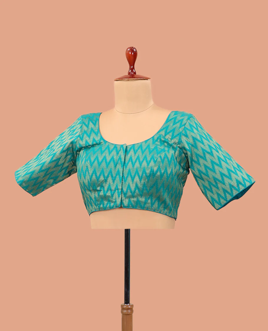 Blue chevron striped front-back round neck elbow sleeve readymade blouse