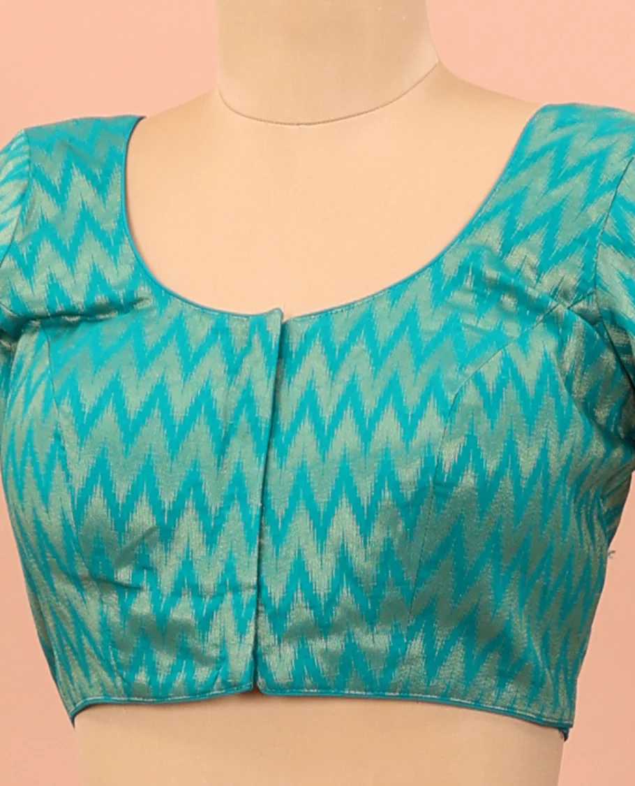 Blue chevron striped front-back round neck elbow sleeve readymade blouse - Image 2
