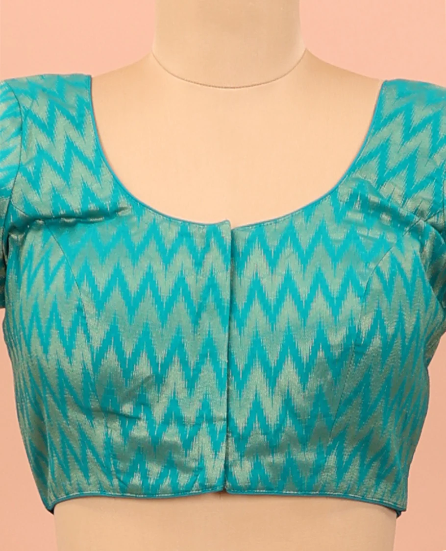 Blue chevron striped front-back round neck elbow sleeve readymade blouse - Image 3