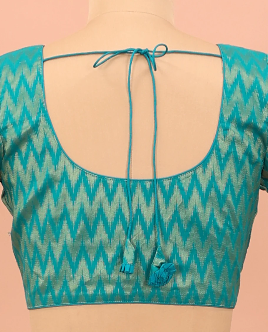 Blue chevron striped front-back round neck elbow sleeve readymade blouse - Image 4
