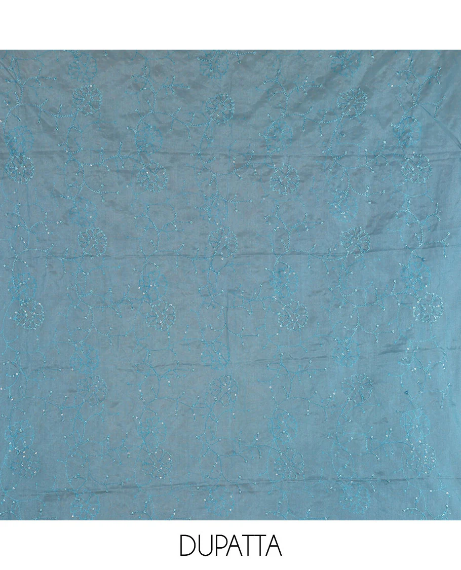 Blue churidar material set, floral print with thread outlined organza top, plain santoon bottom, and floral vine sequins embroidered organza dupatta - Image 2