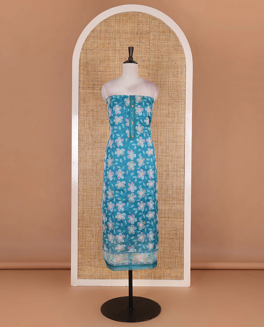 Blue churidar material set, floral print with thread outlined organza top, plain santoon bottom, and floral vine sequins embroidered organza dupatta - Image 4