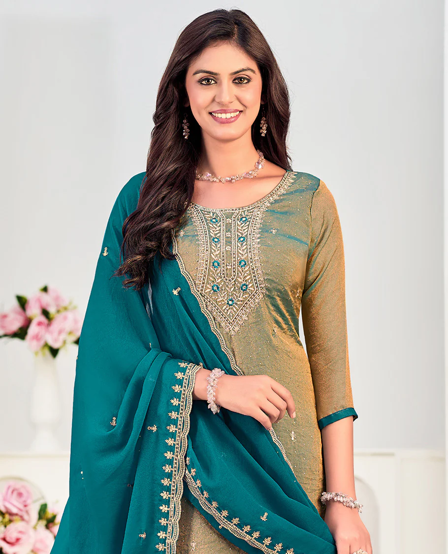 Blue churidar material set, neck embroidered with stone work top, contrast plain bottom, and scallop embroidered dupatta - Image 2