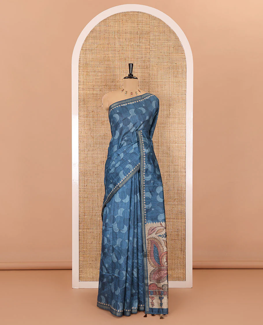 Blue circle abstract printed fancy tussar saree, tissue border, pallu of kalamkari peacock print, and kalamkari floral printed blouse - Image 2