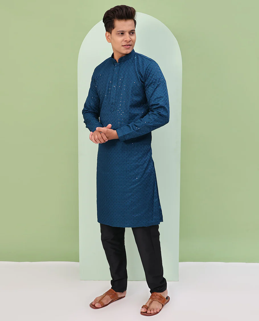Blue color sequins embroidered full-sleeve kurta set