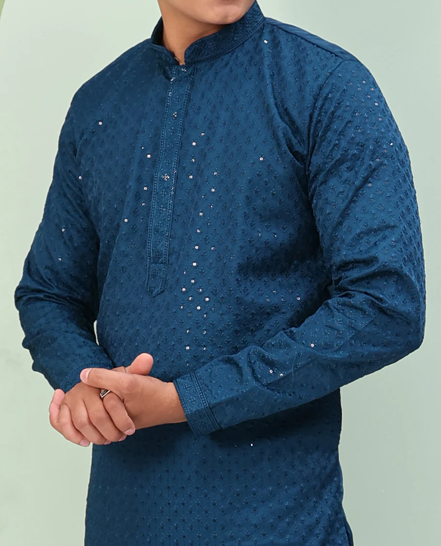 Blue color sequins embroidered full-sleeve kurta set - Image 2
