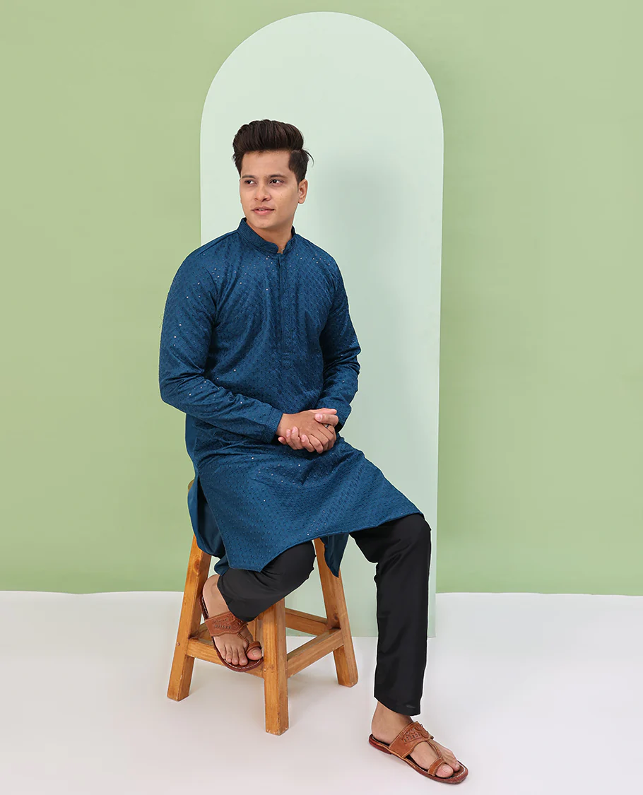 Blue color sequins embroidered full-sleeve kurta set - Image 3