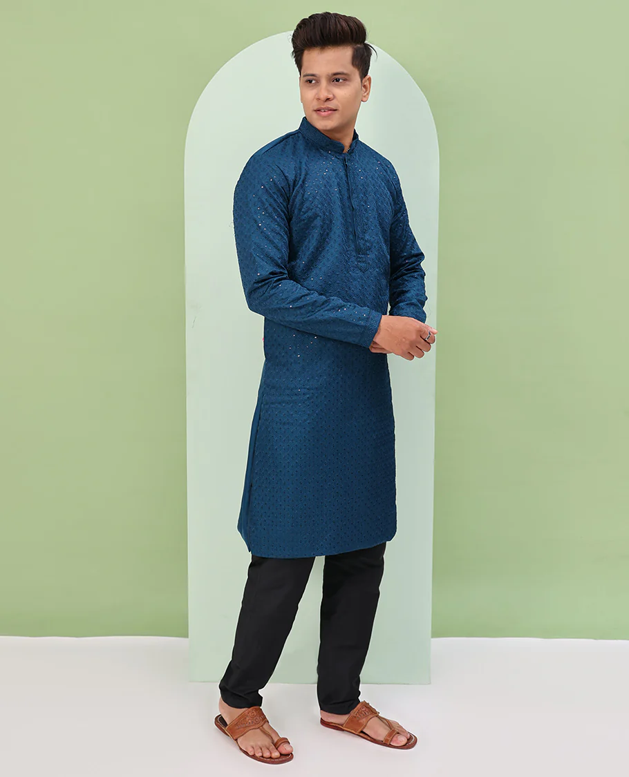 Blue color sequins embroidered full-sleeve kurta set - Image 4