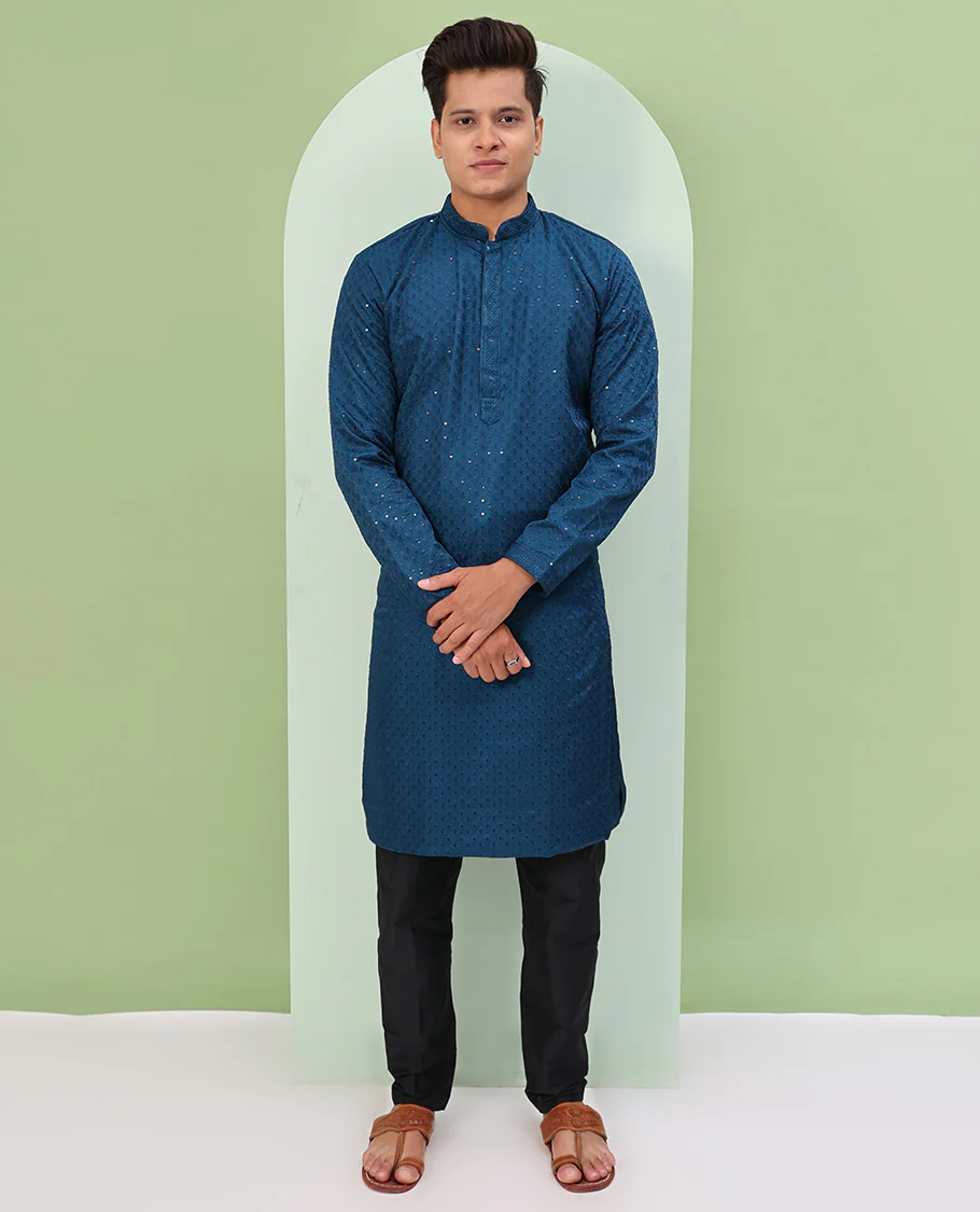 Blue color sequins embroidered full-sleeve kurta set - Image 5
