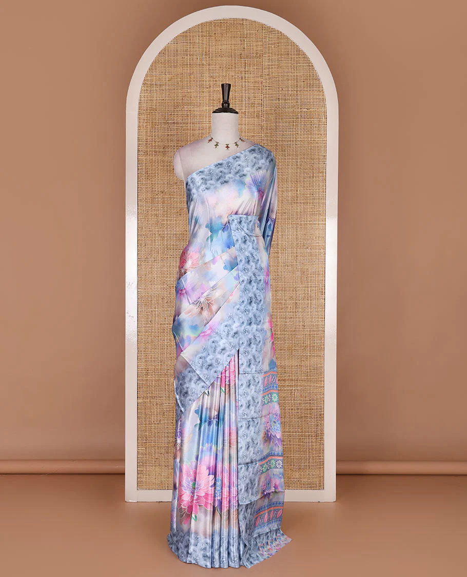 Blue colorful, floral printed turkey crepe saree, floral printed border, pallu, and contrast flower motifs printed blouse - Image 2