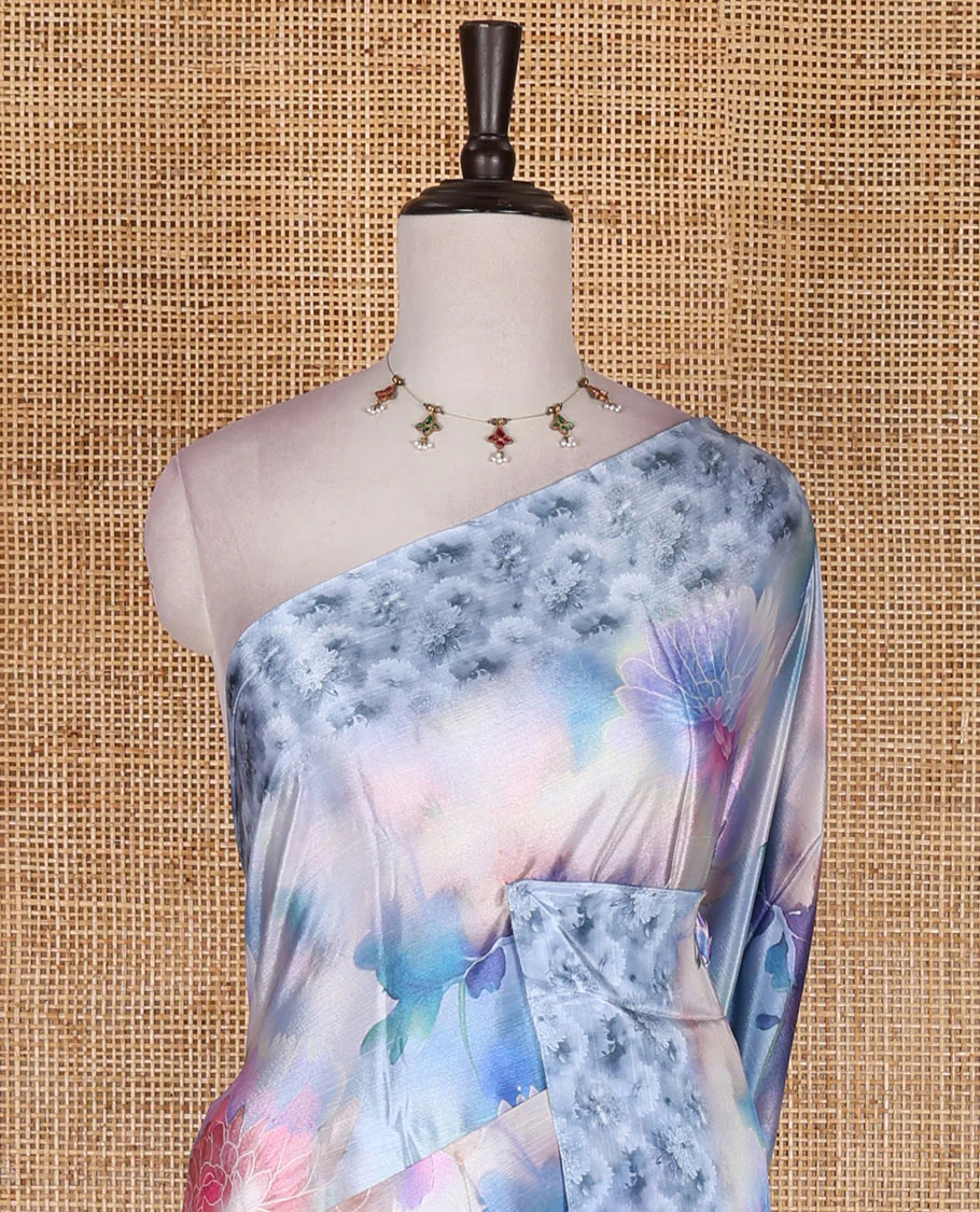 Blue colorful, floral printed turkey crepe saree, floral printed border, pallu, and contrast flower motifs printed blouse - Image 3
