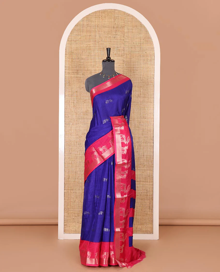 Blue deer copper zari buttas dola silk saree, contrast chevron and deer motifs zari border, deer motifs pallu, and contrast deer motifs blouse - Image 2