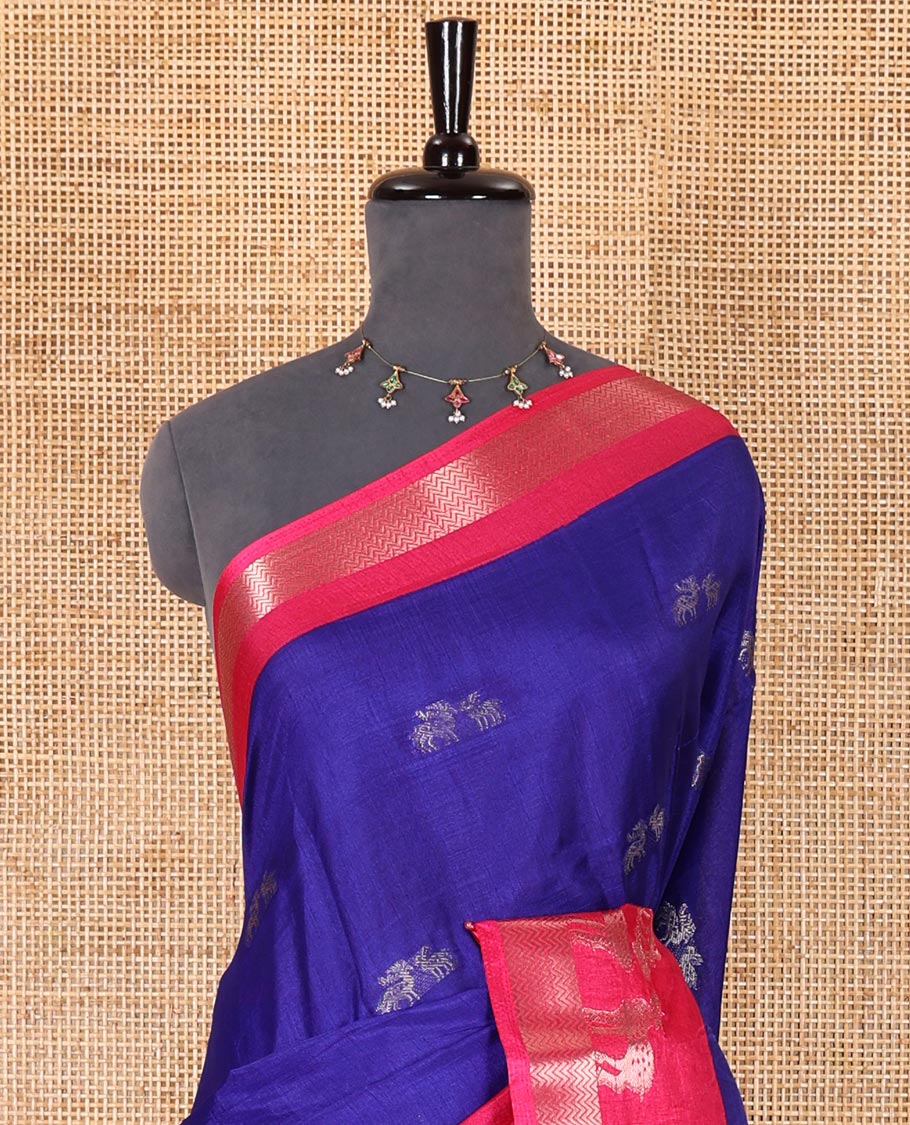 Blue deer copper zari buttas dola silk saree, contrast chevron and deer motifs zari border, deer motifs pallu, and contrast deer motifs blouse - Image 3
