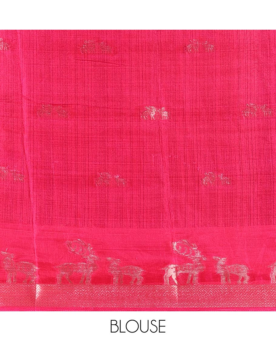 Blue deer copper zari buttas dola silk saree, contrast chevron and deer motifs zari border, deer motifs pallu, and contrast deer motifs blouse - Image 4