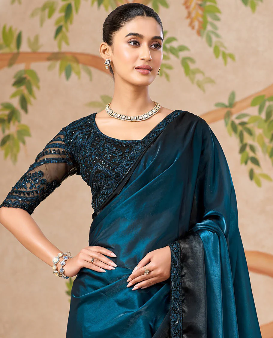 Blue Designer Saree Featuring Ombre-Color Dyed All Over the Saree, Adorned with Floral Embroidered Border, and Comes with a Contrast Intricately Embroidered Blouse - Image 2