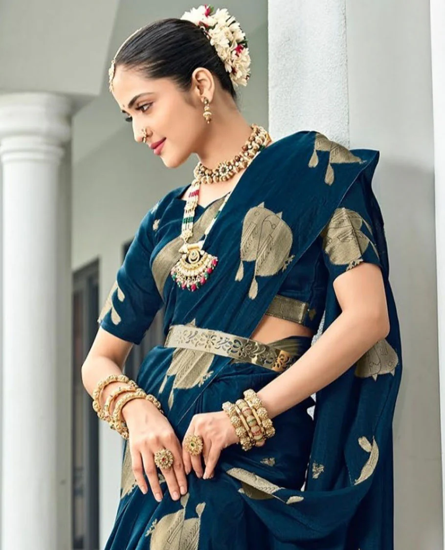 Blue Designer Saree, Prettified with Zari Buttas, Featuring a Self-Border Depicting Sparrow Motifs, Subtly Woven Pallu of Spare Stripes, and Paired with a Matching Blouse of Sparrow Motifs - Image 2
