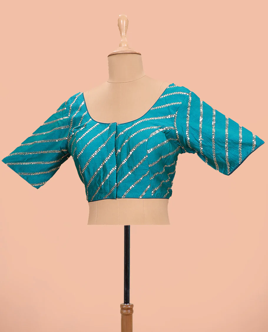 Blue diagonal leaf vine sequins embroidered round neck with elbow sleeve blouse