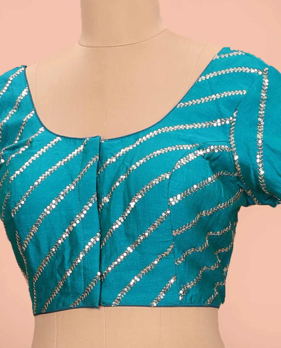 Blue diagonal leaf vine sequins embroidered round neck with elbow sleeve blouse - Image 2