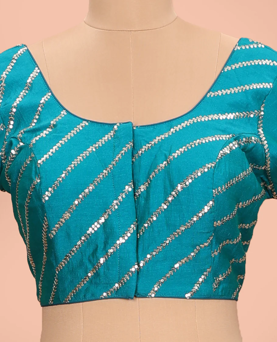 Blue diagonal leaf vine sequins embroidered round neck with elbow sleeve blouse - Image 3