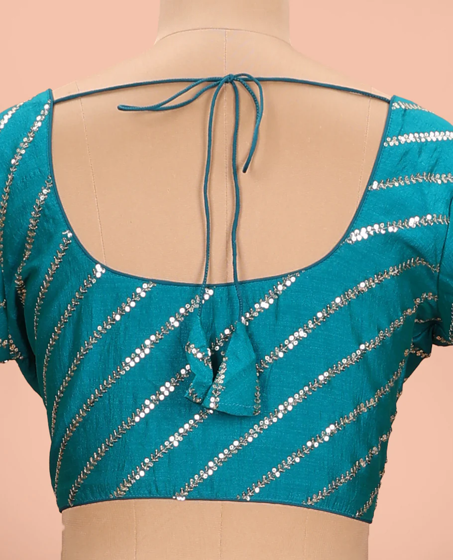 Blue diagonal leaf vine sequins embroidered round neck with elbow sleeve blouse - Image 4
