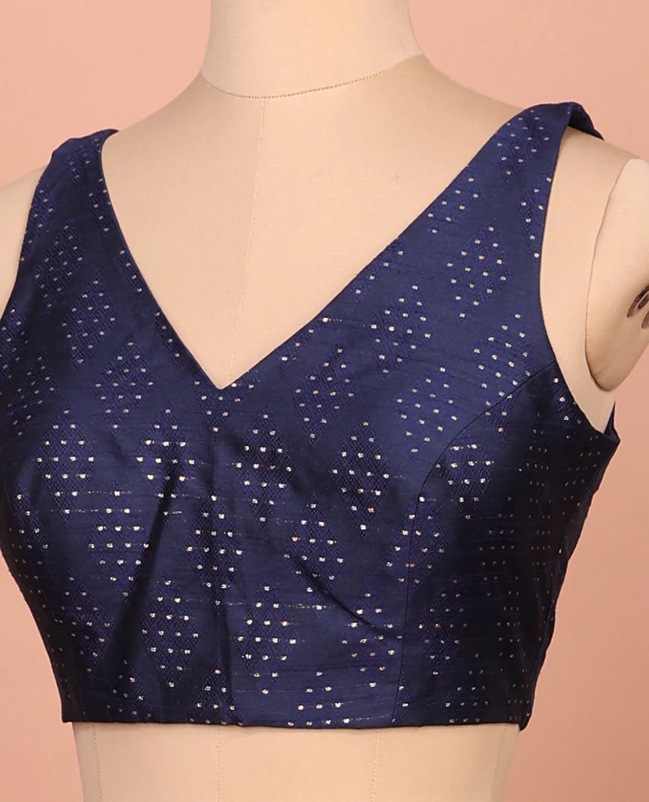 Blue diamond buttas front-back V-neck sleeveless readymade blouse - Image 2