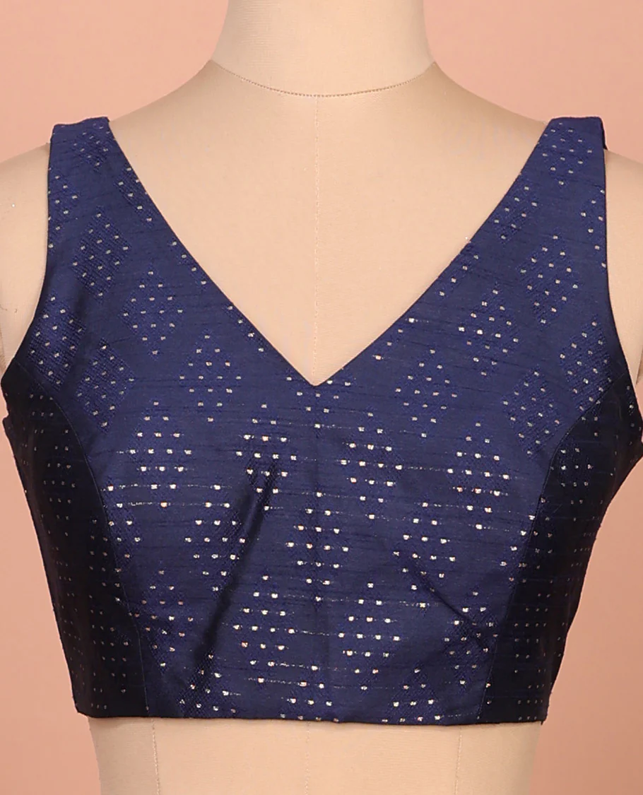 Blue diamond buttas front-back V-neck sleeveless readymade blouse - Image 3