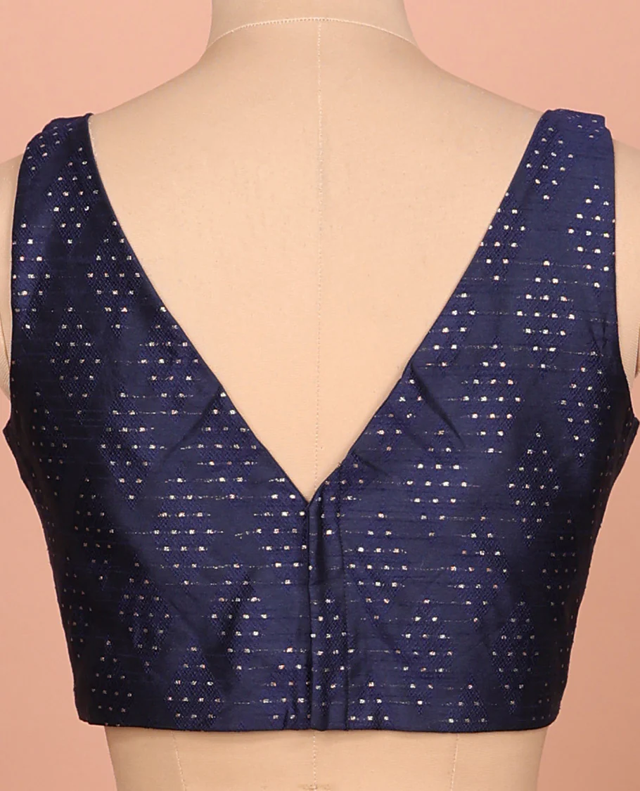 Blue diamond buttas front-back V-neck sleeveless readymade blouse - Image 4