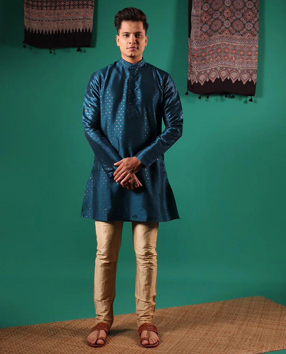 Blue diamond motifs golden foil printed with full-sleeved men's kurta - Image 2