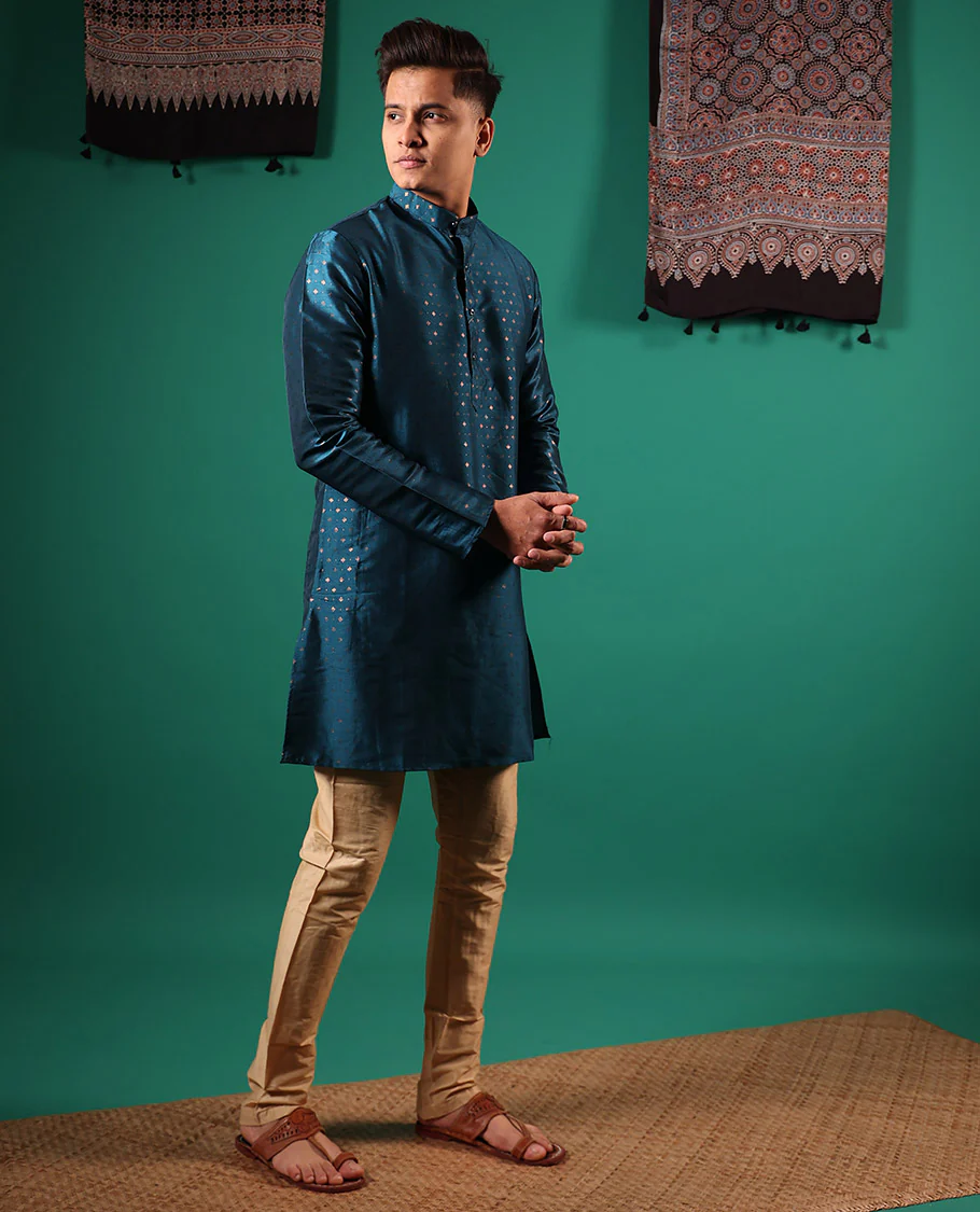 Blue diamond motifs golden foil printed with full-sleeved men's kurta - Image 3
