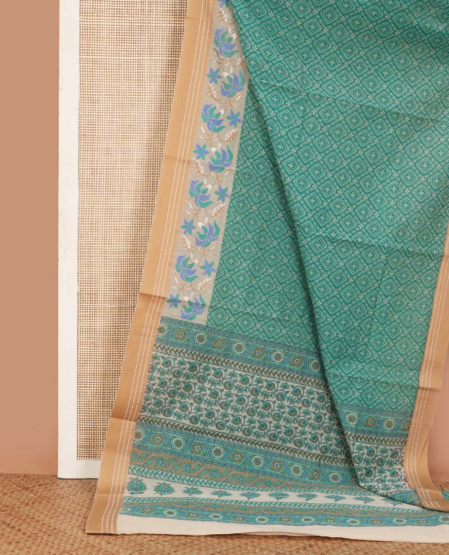 Blue diamond patterned chanderi cotton saree, contrast traditional border of floral multi-color thread embroidery, and printed pallu - Image 2