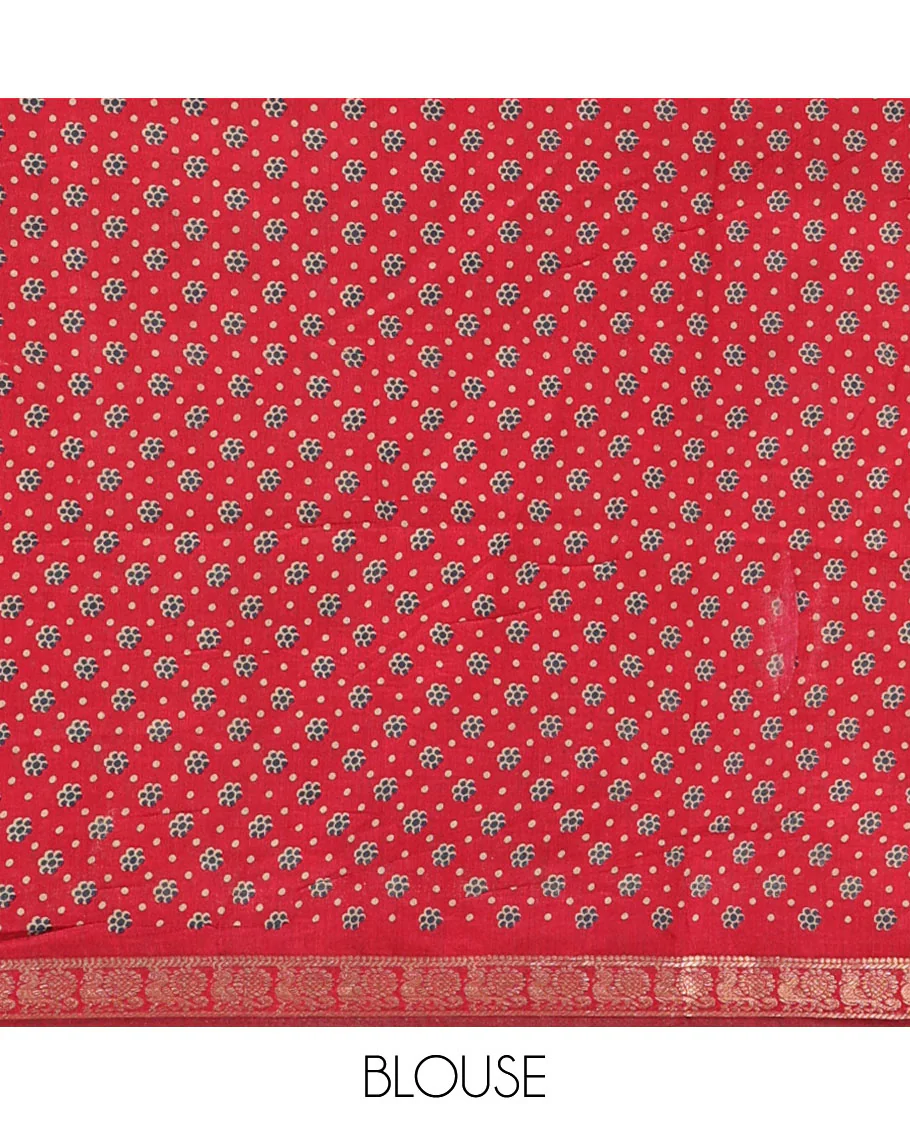 Blue diamond patterns Shibori-style printed muslin cotton saree, contrast elephant motifs printed border, batik elephant motifs pallu & contrast flower buttas printed blouse - Image 4