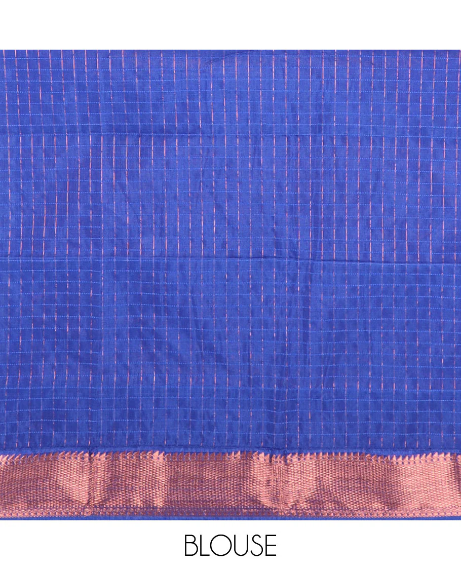 Blue dual-tone micro checked chirala cotton saree, contrast traditional zari border, and zari design pallu - Image 3