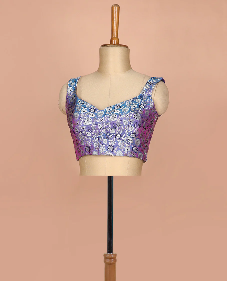 Blue dual-toned floral jaal jacquard sweet-heart neck thick strapped sleeveless banarasi readymade blouse