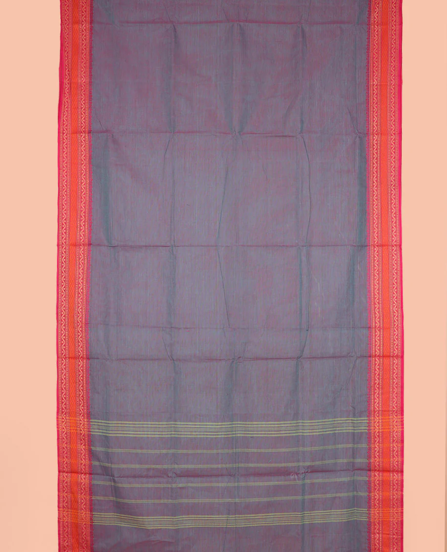 Blue dual-toned plain design nine-yard cotton saree, contrast thread traditional border, and striped pallu - Image 2