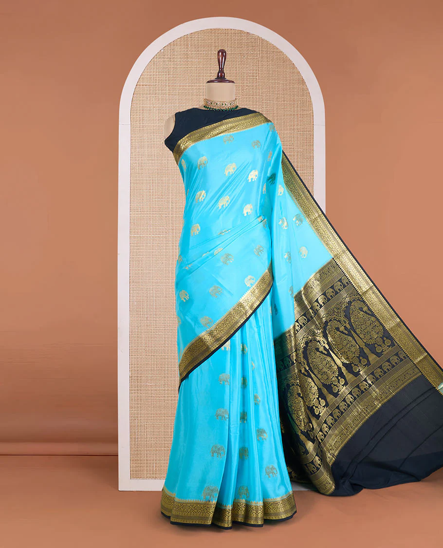 Blue elephant buttas Mysore silk saree, contrast traditional zari border, and pallu of big paisleys - Image 2