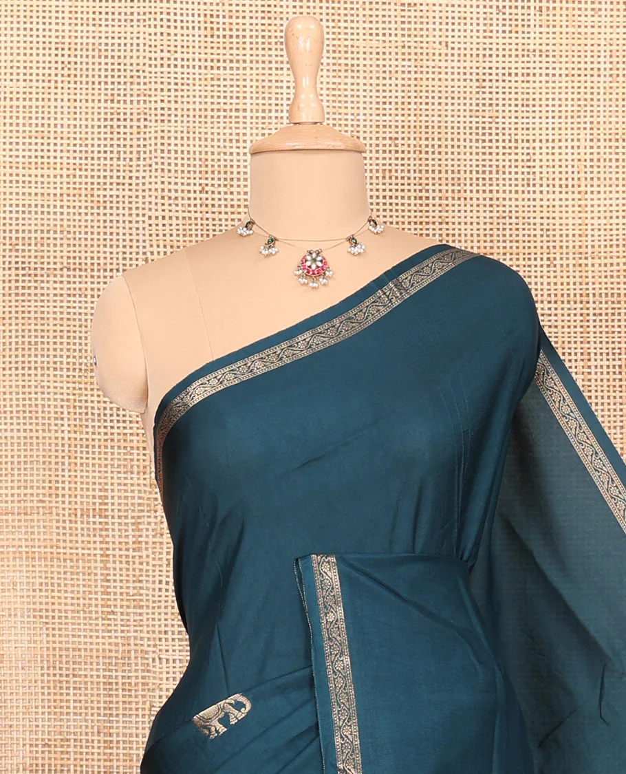 Blue elephant motifs woven Russian silk saree, traditional motifs piping border, zari striped pallu, and a contrast buttas blouse - Image 2