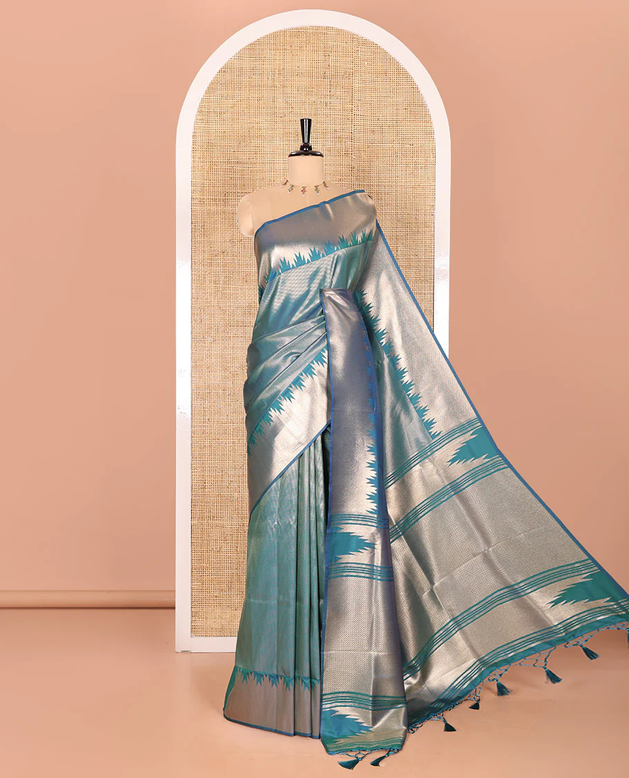 Blue Elite Soft Silk Saree Gleamed Up with Vaira Oosi Stripes, Featuring a Temple Zari Border, Zari Elevated Pallu, and a Matching Zari Design Blouse