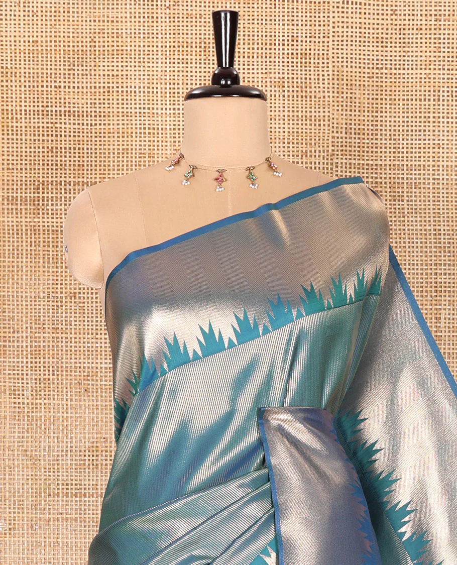 Blue Elite Soft Silk Saree Gleamed Up with Vaira Oosi Stripes, Featuring a Temple Zari Border, Zari Elevated Pallu, and a Matching Zari Design Blouse - Image 2