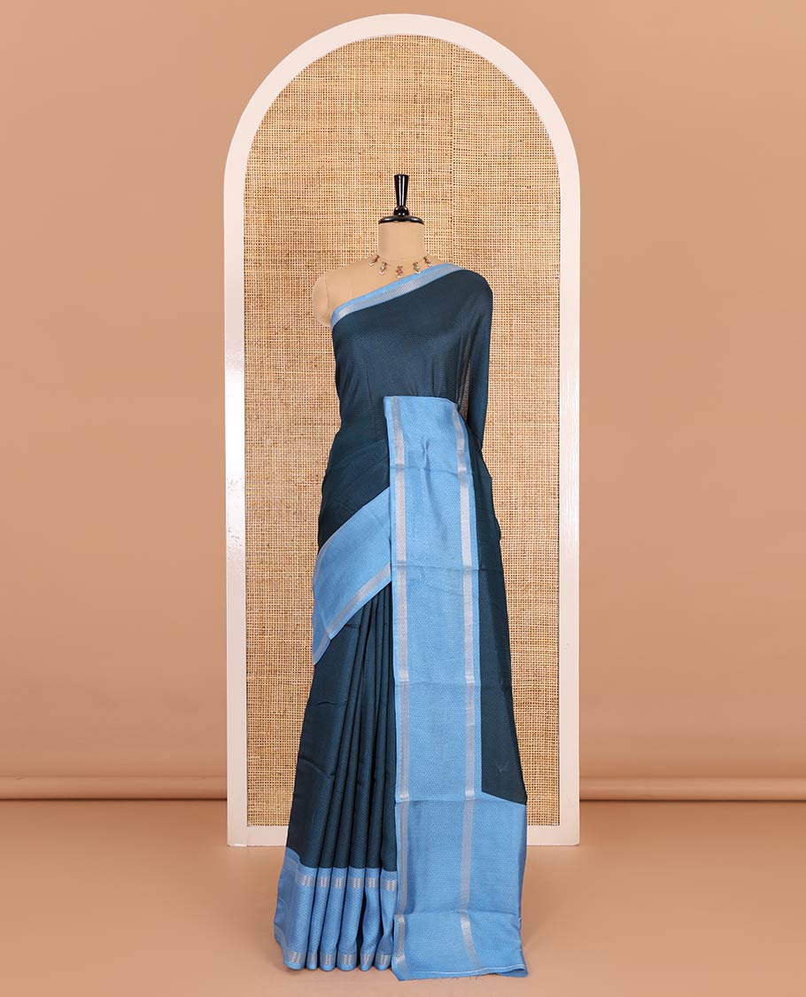 Blue embossed moss chiffon saree, contrast traditional rettai pettu border, embossed pallu, and a contrast embossed blouse - Image 2