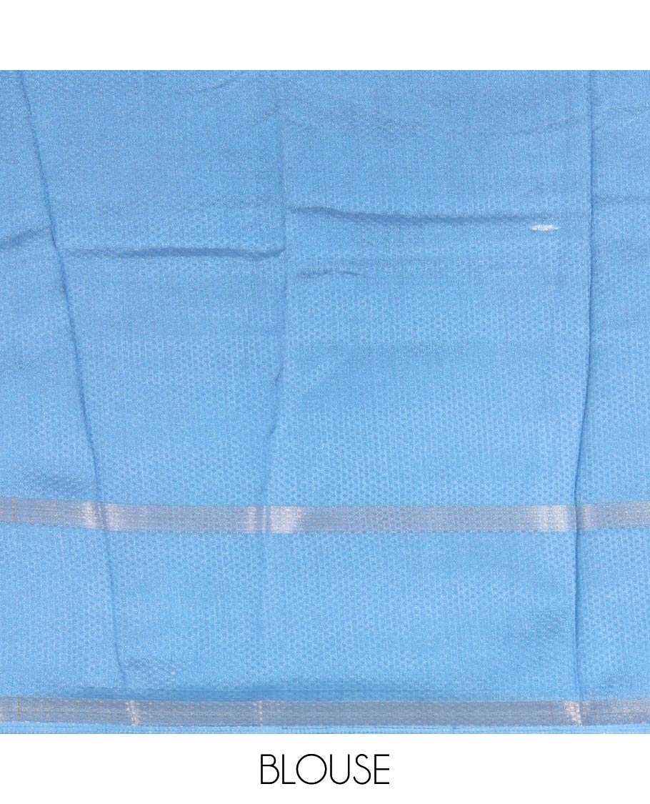 Blue embossed moss chiffon saree, contrast traditional rettai pettu border, embossed pallu, and a contrast embossed blouse - Image 4