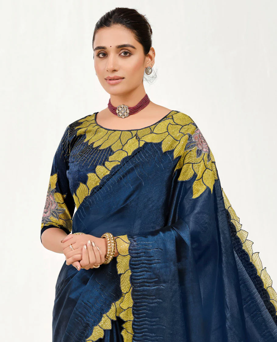 Blue Embroidered Designer Saree Features Realistic Floral Motifs, Embroidered Borders, a Floral Embroidered Pallu, and an Embroidered Blouse - Image 2